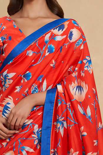 Gulabo By Abu Sandeep Red Chanderi Lotus Floral Bloom Print Saree Online at Aza Fashions Gulabo By Abu Sandeep_Red Chanderi Lotus Floral Bloom Print Saree _Online_at_Aza_Fashions
