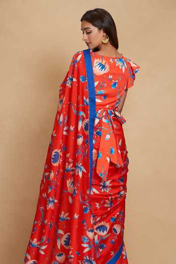 Shop Gulabo By Abu Sandeep Red Chanderi Lotus Floral Bloom Print Saree Online at Aza Fashions Shop_Gulabo By Abu Sandeep_Red Chanderi Lotus Floral Bloom Print Saree _Online_at_Aza_Fashions