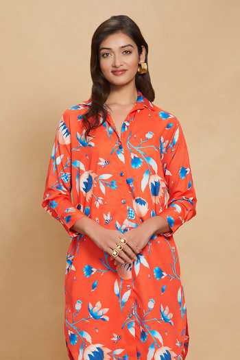 Buy Gulabo By Abu Sandeep Red Cotton Satin Floral Collared Neck Print Long Shirt Online at Aza Fashions Buy_Gulabo By Abu Sandeep_Red Cotton Satin Floral Collared Neck Print Long Shirt _Online_at_Aza_Fashions