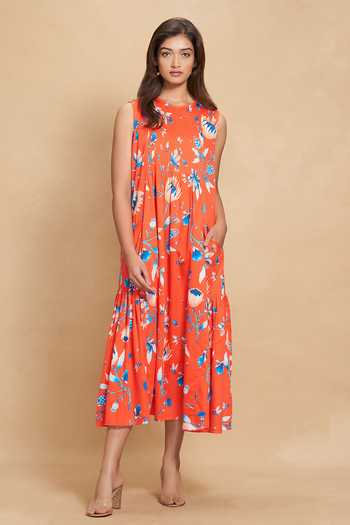 Gulabo By Abu Sandeep Red Cotton Satin Floral Round Neck Lotus Bloom Print Dress Online at Aza Fashions Gulabo By Abu Sandeep_Red Cotton Satin Floral Round Neck Lotus Bloom Print Dress _Online_at_Aza_Fashions