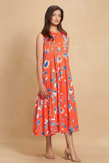 Buy Gulabo By Abu Sandeep Red Cotton Satin Floral Round Neck Lotus Bloom Print Dress Online at Aza Fashions Buy_Gulabo By Abu Sandeep_Red Cotton Satin Floral Round Neck Lotus Bloom Print Dress _Online_at_Aza_Fashions