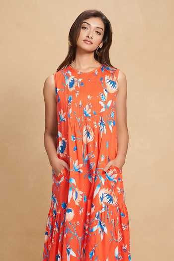 Shop Gulabo By Abu Sandeep Red Cotton Satin Floral Round Neck Lotus Bloom Print Dress Online at Aza Fashions Shop_Gulabo By Abu Sandeep_Red Cotton Satin Floral Round Neck Lotus Bloom Print Dress _Online_at_Aza_Fashions