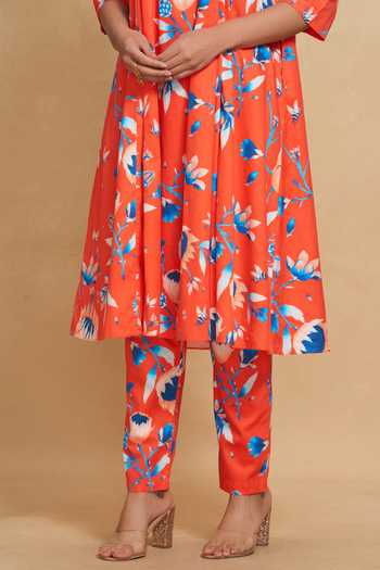 Gulabo By Abu Sandeep Red Cotton Satin Floral Lotus Bloom Print Pant Online at Aza Fashions Gulabo By Abu Sandeep_Red Cotton Satin Floral Lotus Bloom Print Pant _Online_at_Aza_Fashions