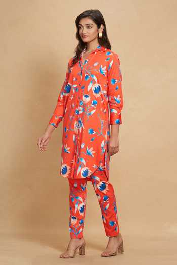 Shop Gulabo By Abu Sandeep Red Cotton Satin Floral Lotus Bloom Print Pant Online at Aza Fashions Shop_Gulabo By Abu Sandeep_Red Cotton Satin Floral Lotus Bloom Print Pant _Online_at_Aza_Fashions