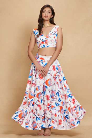 Shop Gulabo By Abu Sandeep White Cotton Satin Floral Bloom Print Skirt Online at Aza Fashions Shop_Gulabo By Abu Sandeep_White Cotton Satin Floral Bloom Print Skirt _Online_at_Aza_Fashions