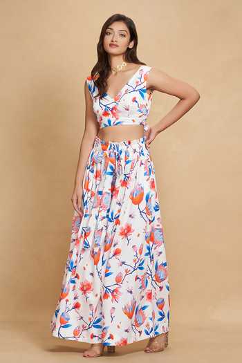 Gulabo By Abu Sandeep White Cotton Satin Floral Print Flared Pant Online at Aza Fashions Gulabo By Abu Sandeep_White Cotton Satin Floral Print Flared Pant _Online_at_Aza_Fashions