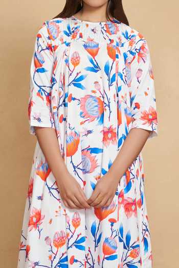 Buy Gulabo By Abu Sandeep White Cotton Satin Floral Round Neck Bloom Print Tunic Online at Aza Fashions Buy_Gulabo By Abu Sandeep_White Cotton Satin Floral Round Neck Bloom Print Tunic _Online_at_Aza_Fashions