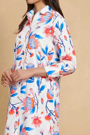 Shop Gulabo By Abu Sandeep White Cotton Satin Floral Collared Neck Flower Print Tunic Online at Aza Fashions Shop_Gulabo By Abu Sandeep_White Cotton Satin Floral Collared Neck Flower Print Tunic _Online_at_Aza_Fashions