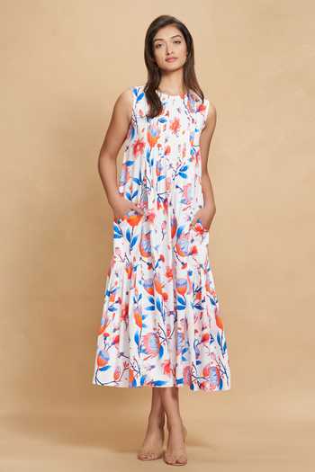 Gulabo By Abu Sandeep_White Cotton Satin Print Floral Round Neck Garden Bloom Dress_Online_at_Aza_Fashions