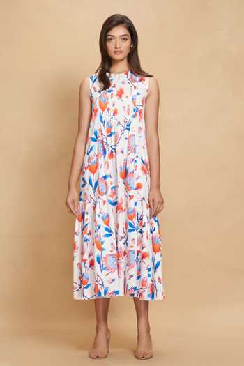 Buy_Gulabo By Abu Sandeep_White Cotton Satin Print Floral Round Neck Garden Bloom Dress_Online_at_Aza_Fashions