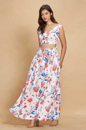 Shop Gulabo By Abu Sandeep White Cotton Satin Floral V Neck Flower Bloom Print Top Online at Aza Fashions Shop_Gulabo By Abu Sandeep_White Cotton Satin Floral V Neck Flower Bloom Print Top _Online_at_Aza_Fashions