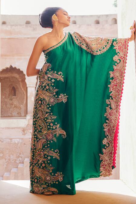 Mrunalini Rao Green Silk Embroidery One Shoulder Evara Kaftan Dress Online at Aza Fashions Mrunalini Rao_Green Silk Embroidery One Shoulder Evara Kaftan Dress _Online_at_Aza_Fashions