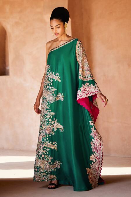 Shop Mrunalini Rao Green Silk Embroidery One Shoulder Evara Kaftan Dress Online at Aza Fashions Shop_Mrunalini Rao_Green Silk Embroidery One Shoulder Evara Kaftan Dress _Online_at_Aza_Fashions