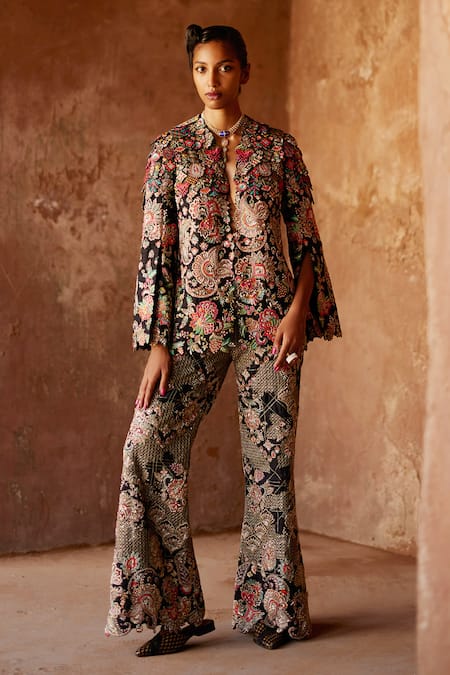 Buy_Mrunalini Rao_Black Silk Embroidery Heera Blazer And Pant Set _Online_at_Aza_Fashions