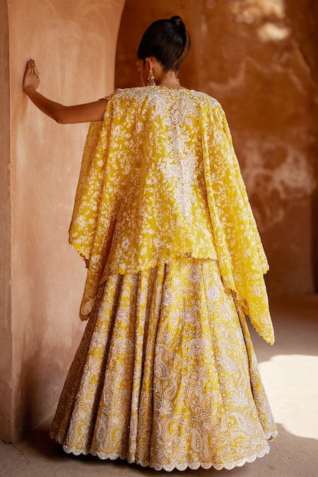Mrunalini Rao_Yellow Silk, Organza Pearls, Embroidery Paramita Hand Lehenga Set With Cape _Online_at_Aza_Fashions