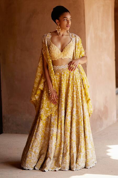 Buy_Mrunalini Rao_Yellow Silk, Organza Pearls, Embroidery Paramita Hand Lehenga Set With Cape _Online_at_Aza_Fashions
