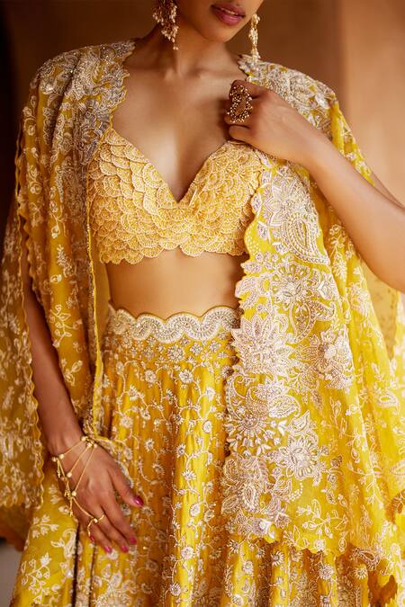 Shop_Mrunalini Rao_Yellow Silk, Organza Pearls, Embroidery Paramita Hand Lehenga Set With Cape _Online_at_Aza_Fashions