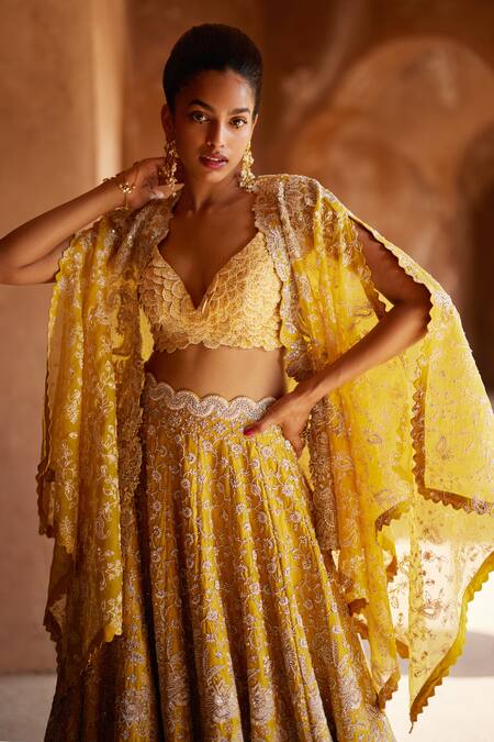 Mrunalini Rao_Yellow Silk, Organza Pearls, Embroidery Paramita Hand Lehenga Set With Cape _at_Aza_Fashions