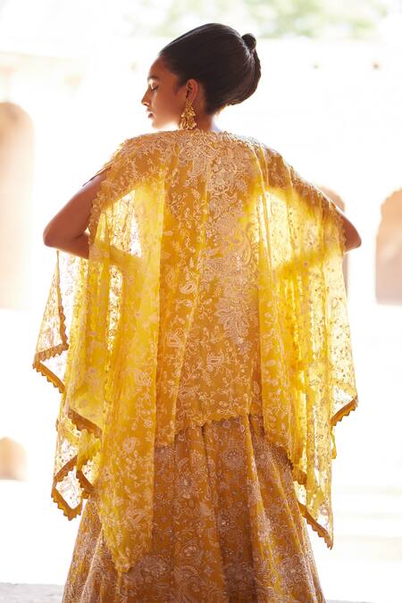 Buy_Mrunalini Rao_Yellow Silk, Organza Pearls, Embroidery Paramita Hand Lehenga Set With Cape 