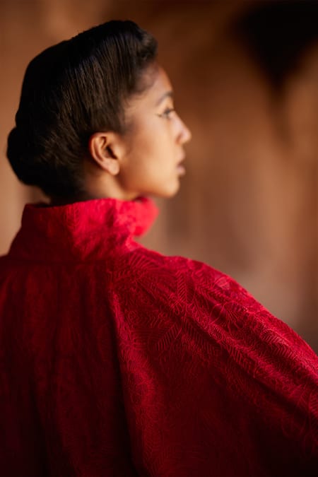 Shop Mrunalini Rao Red Silk Embroidery Collared Manjari Shirt And Lehenga Set Online at Aza Fashions Shop_Mrunalini Rao_Red Silk Embroidery Collared Manjari Shirt And Lehenga Set _Online_at_Aza_Fashions