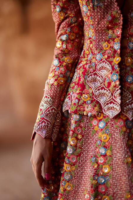 Buy Mrunalini Rao Red Silk Embroidery, Zari Plunge Neck Maahi Floral Jacket And Lehenga Set Online at Aza Fashions Buy_Mrunalini Rao_Red Silk Embroidery, Zari Plunge Neck Maahi Floral Jacket And Lehenga Set _Online_at_Aza_Fashions