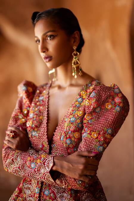 Shop Mrunalini Rao Red Silk Embroidery, Zari Plunge Neck Maahi Floral Jacket And Lehenga Set Online at Aza Fashions Shop_Mrunalini Rao_Red Silk Embroidery, Zari Plunge Neck Maahi Floral Jacket And Lehenga Set _Online_at_Aza_Fashions