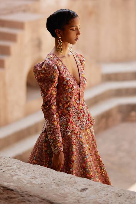 Mrunalini Rao Red Silk Embroidery, Zari Plunge Neck Maahi Floral Jacket And Lehenga Set at Aza Fashions Mrunalini Rao_Red Silk Embroidery, Zari Plunge Neck Maahi Floral Jacket And Lehenga Set _at_Aza_Fashions