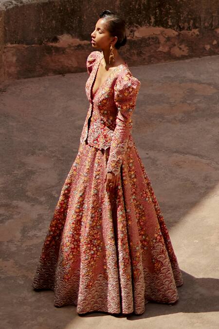 Buy Mrunalini Rao Red Silk Embroidery, Zari Plunge Neck Maahi Floral Jacket And Lehenga Set Buy_Mrunalini Rao_Red Silk Embroidery, Zari Plunge Neck Maahi Floral Jacket And Lehenga Set