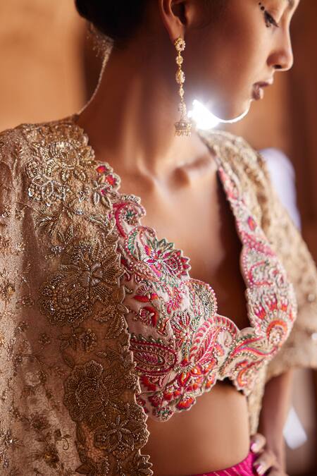 Mrunalini Rao_Pink Silk Zari, Embroidery Plunge Neck Pratibha Tiered Skirt Set With Cape _Online_at_Aza_Fashions