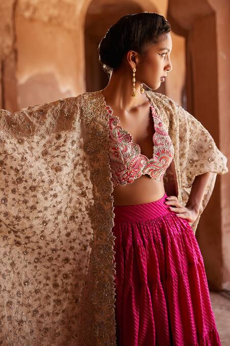 Buy_Mrunalini Rao_Pink Silk Zari, Embroidery Plunge Neck Pratibha Tiered Skirt Set With Cape _Online_at_Aza_Fashions