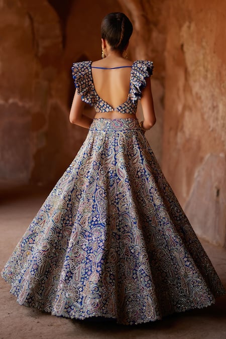 Mrunalini Rao Blue Silk Embroidery Sweetheart Neck Tulua Hand Lehenga Set Online at Aza Fashions Mrunalini Rao_Blue Silk Embroidery Sweetheart Neck Tulua Hand Lehenga Set _Online_at_Aza_Fashions