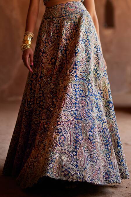 Shop Mrunalini Rao Blue Silk Embroidery Sweetheart Neck Tulua Hand Lehenga Set Online at Aza Fashions Shop_Mrunalini Rao_Blue Silk Embroidery Sweetheart Neck Tulua Hand Lehenga Set _Online_at_Aza_Fashions
