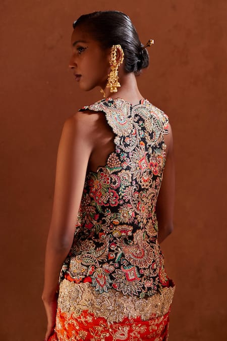Shop_Mrunalini Rao_Black Silk Embroidery Plunge Neck Manohar Waist Coat Blouse _at_Aza_Fashions