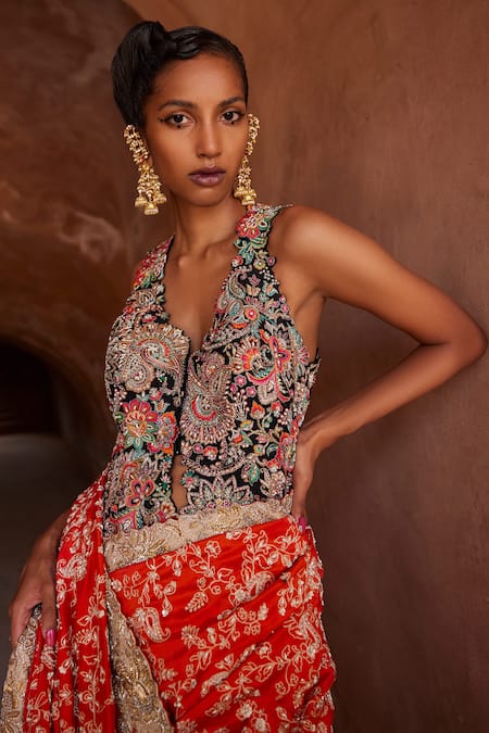 Mrunalini Rao_Black Silk Embroidery Plunge Neck Manohar Waist Coat Blouse _Online_at_Aza_Fashions