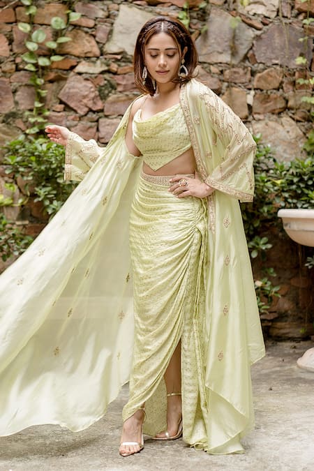 Shop Punit Balana Green Satin, Silk Embroidery, Zari Cowl Neck Cape And Draped Skirt Set Online at Aza Fashions Shop_Punit Balana_Green Satin, Silk Embroidery, Zari Cowl Neck Cape And Draped Skirt Set _Online_at_Aza_Fashions