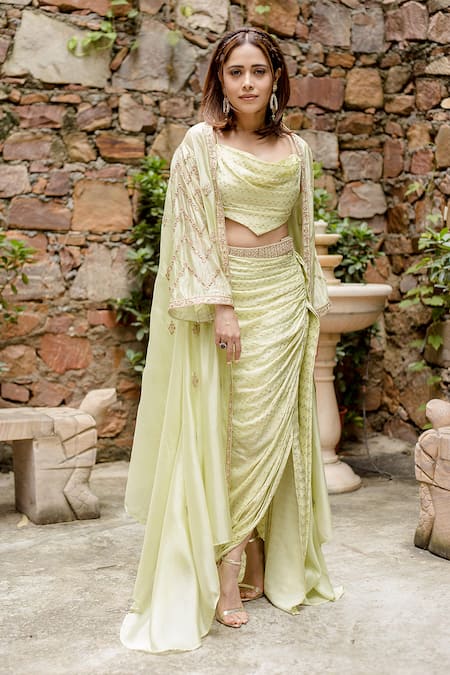 Shop Punit Balana Green Satin, Silk Embroidery, Zari Cowl Neck Cape And Draped Skirt Set Shop_Punit Balana_Green Satin, Silk Embroidery, Zari Cowl Neck Cape And Draped Skirt Set