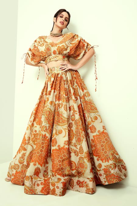 Taavare Off White Tissue Organza Printed Floral V Neck Paisley Blouse And Lehenga Set