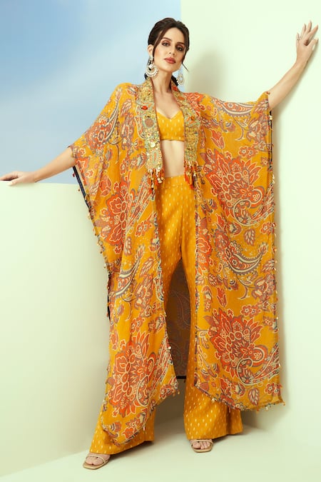 Taavare Yellow Dobby Georgette Printed Floral Sweetheart And Paisley Long Kaftan Pant Set 