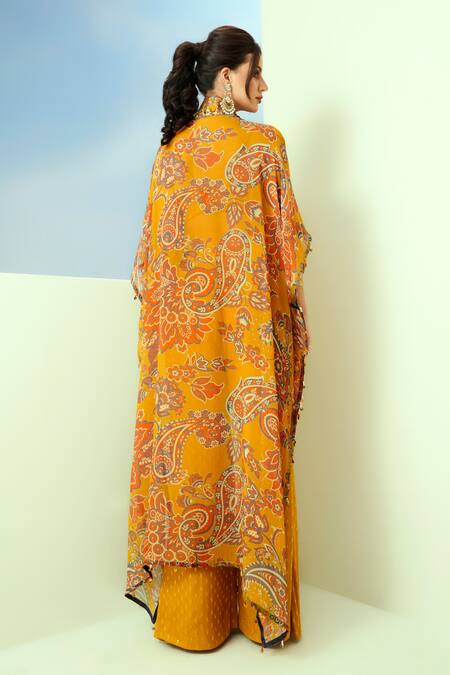Shop Taavare Yellow Organza, Denim Sequins, Floral And Paisley Print Long Kaftan Pant Set at Aza Fashions Shop_Taavare_Yellow Organza, Denim Sequins, Floral And Paisley Print Long Kaftan Pant Set_at_Aza_Fashions