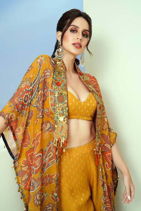 Taavare Yellow Organza, Denim Sequins, Floral And Paisley Print Long Kaftan Pant Set Online at Aza Fashions Taavare_Yellow Organza, Denim Sequins, Floral And Paisley Print Long Kaftan Pant Set_Online_at_Aza_Fashions