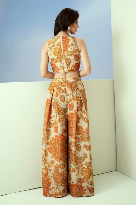 Shop_Taavare_Off White Tissue, Organza Sequins, Embroidery Paisley Print Crop Top And Pant Set _at_Aza_Fashions