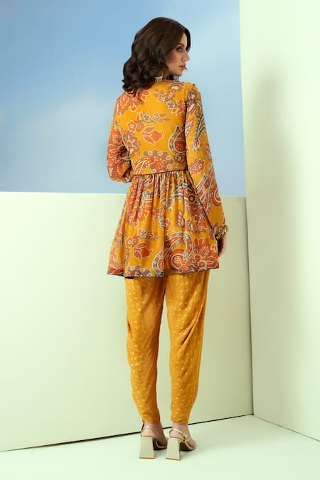Shop_Taavare_Yellow Denim, Organza Sequins Sweetheart Printed Peplum Jacket Dhoti Pant Set _at_Aza_Fashions
