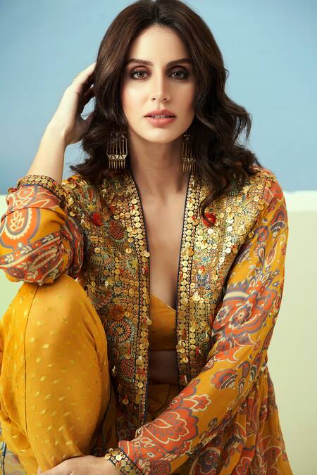 Taavare_Yellow Denim, Organza Sequins Sweetheart Printed Peplum Jacket Dhoti Pant Set _Online_at_Aza_Fashions