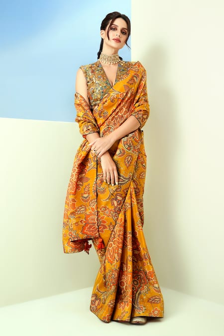Taavare Yellow Tissue Organza Printed Floral V Neck And Paisley Saree With Blouse