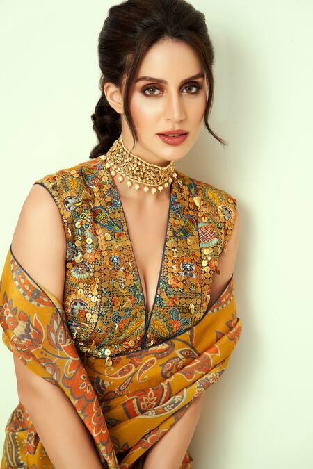 Taavare_Yellow Tissue, Organza Sequins V-neck Floral And Paisley Print Saree With Blouse_Online_at_Aza_Fashions