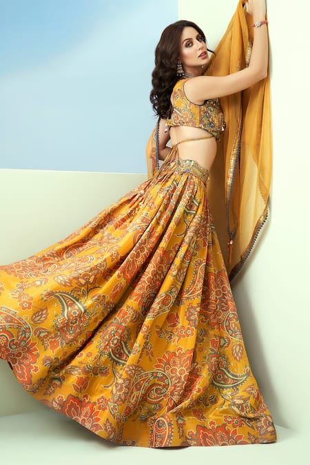 Taavare Yellow Tissue, Organza Embroidery, Floral And Paisley Print Blouse Lehenga Set Online at Aza Fashions Taavare_Yellow Tissue, Organza Embroidery, Floral And Paisley Print Blouse Lehenga Set _Online_at_Aza_Fashions