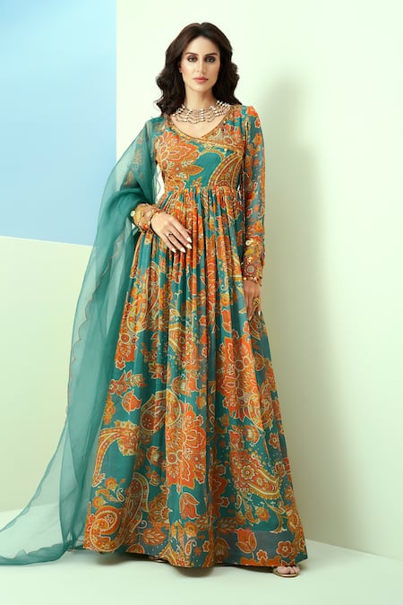 Taavare Blue Organza Printed Floral Round Paisley Angrakha Anarkali And Pant Set 