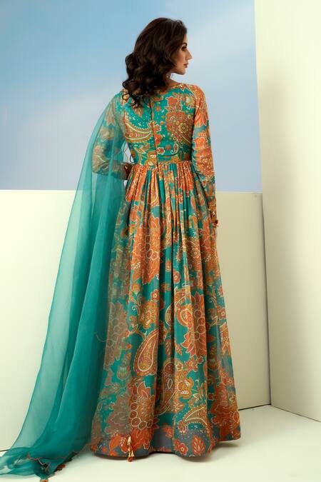 Shop Taavare Blue Organza Sequins Round Neck Paisley Print Angrakha Anarkali And Pant Set at Aza Fashions Shop_Taavare_Blue Organza Sequins Round Neck Paisley Print Angrakha Anarkali And Pant Set_at_Aza_Fashions