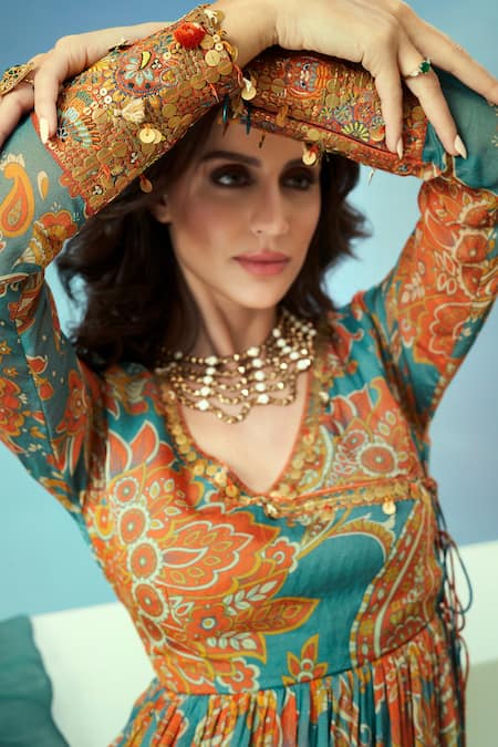 Shop Taavare Blue Organza Sequins Round Neck Paisley Print Angrakha Anarkali Set at Aza Fashions Shop_Taavare_Blue Organza Sequins Round Neck Paisley Print Angrakha Anarkali Set_at_Aza_Fashions