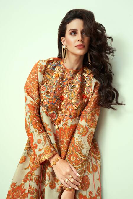 Taavare_Off White Tissue, Organza Sequins, Embroidery High Paisley Print Kurta Pant Set_Online_at_Aza_Fashions